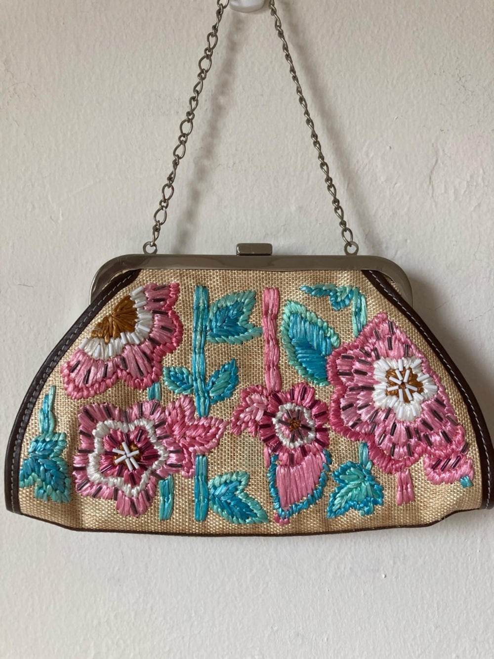 Rafe New York Floral Embroidered Beaded Raffia Clutch Small Bag
